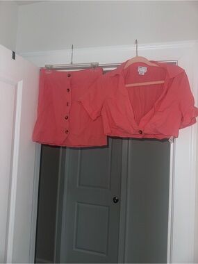 Coral Two-Piece Crop Top & Button Skirt Set